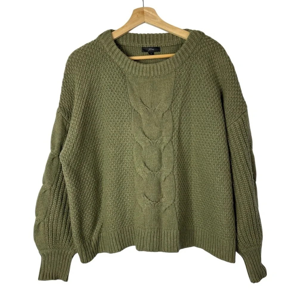 J. Crew Olive Green Balloon Sleeve Cable Knit Sweater M